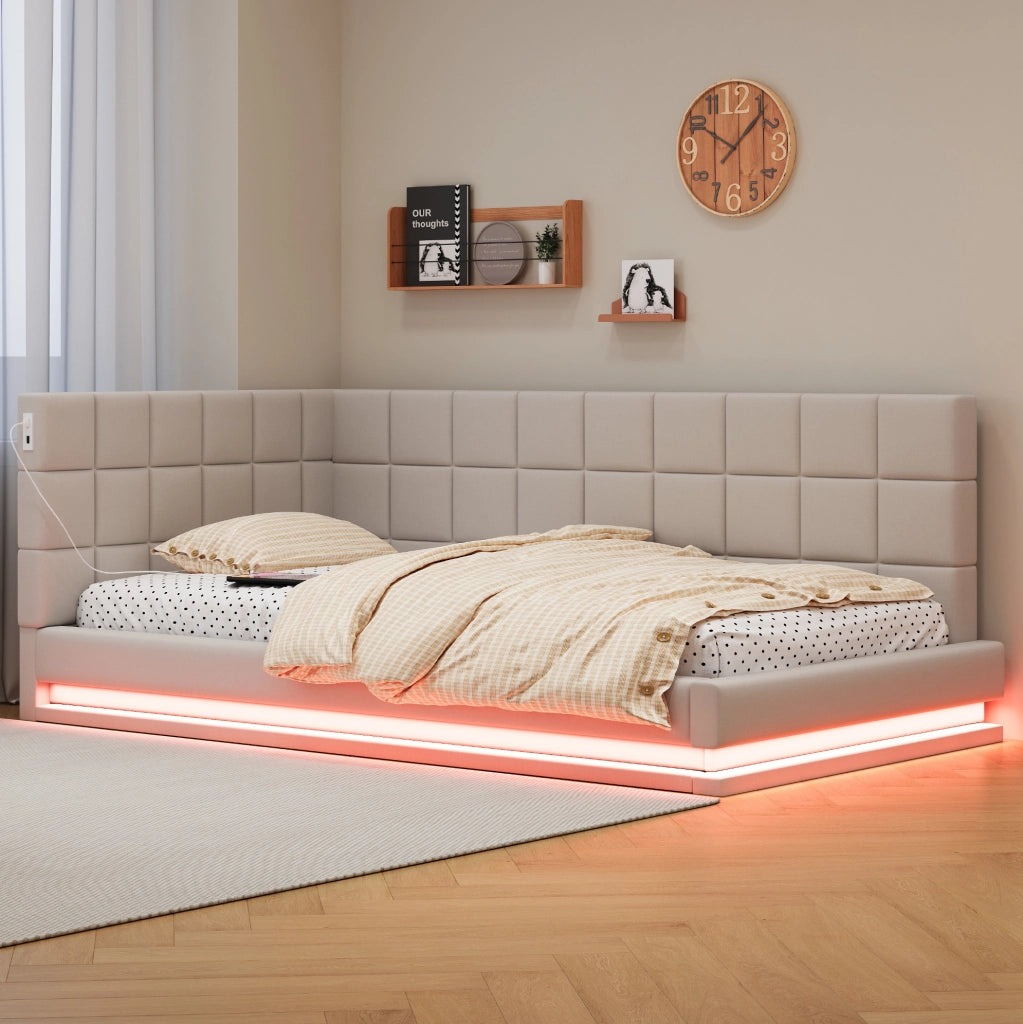 Divano letto imbottito 90x200 cm beige con LED e USB