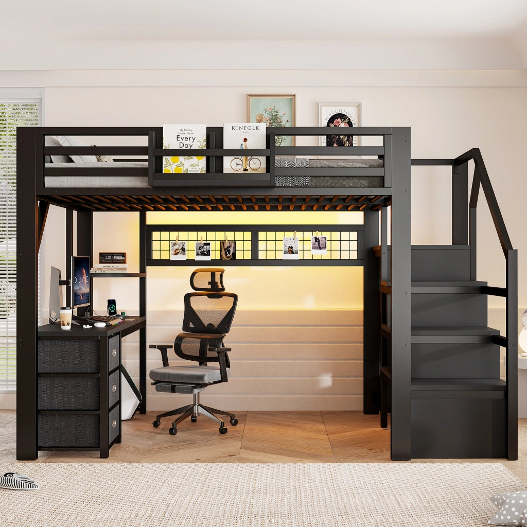 Letto a soppalco matrimoniale 140x200 con scrivania; scala e contenitori in metallo nero