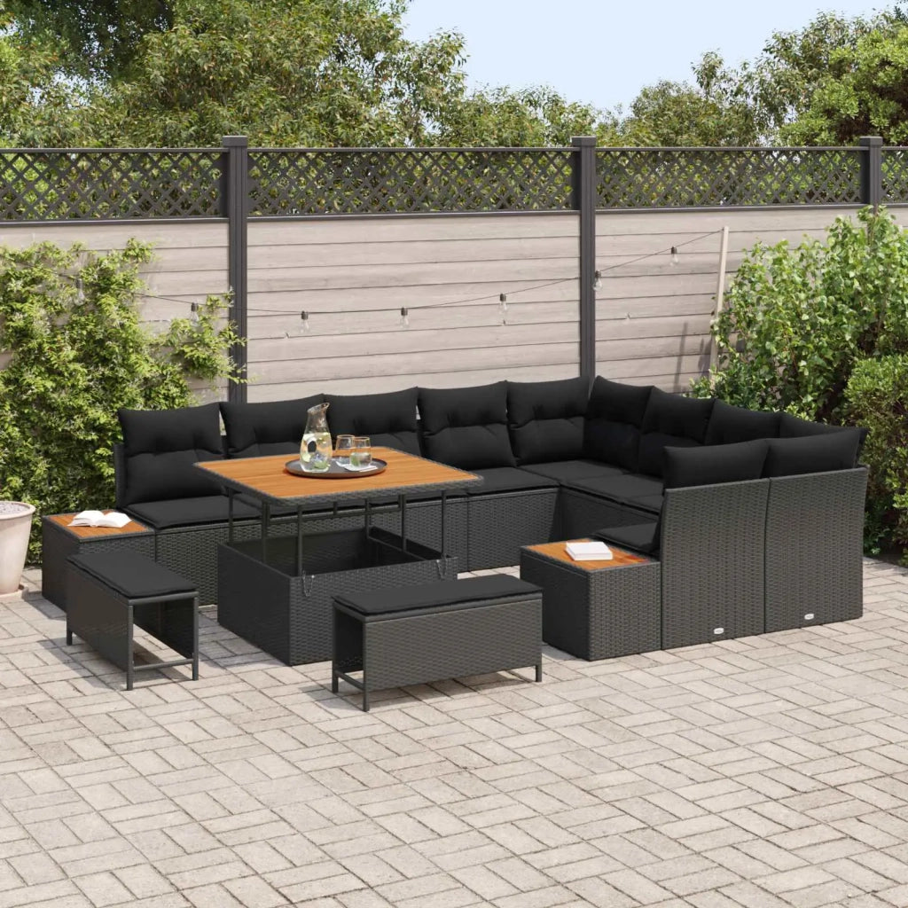 Set Divano da Giardino con cuscino 12 pcs Nero Poly Rattan