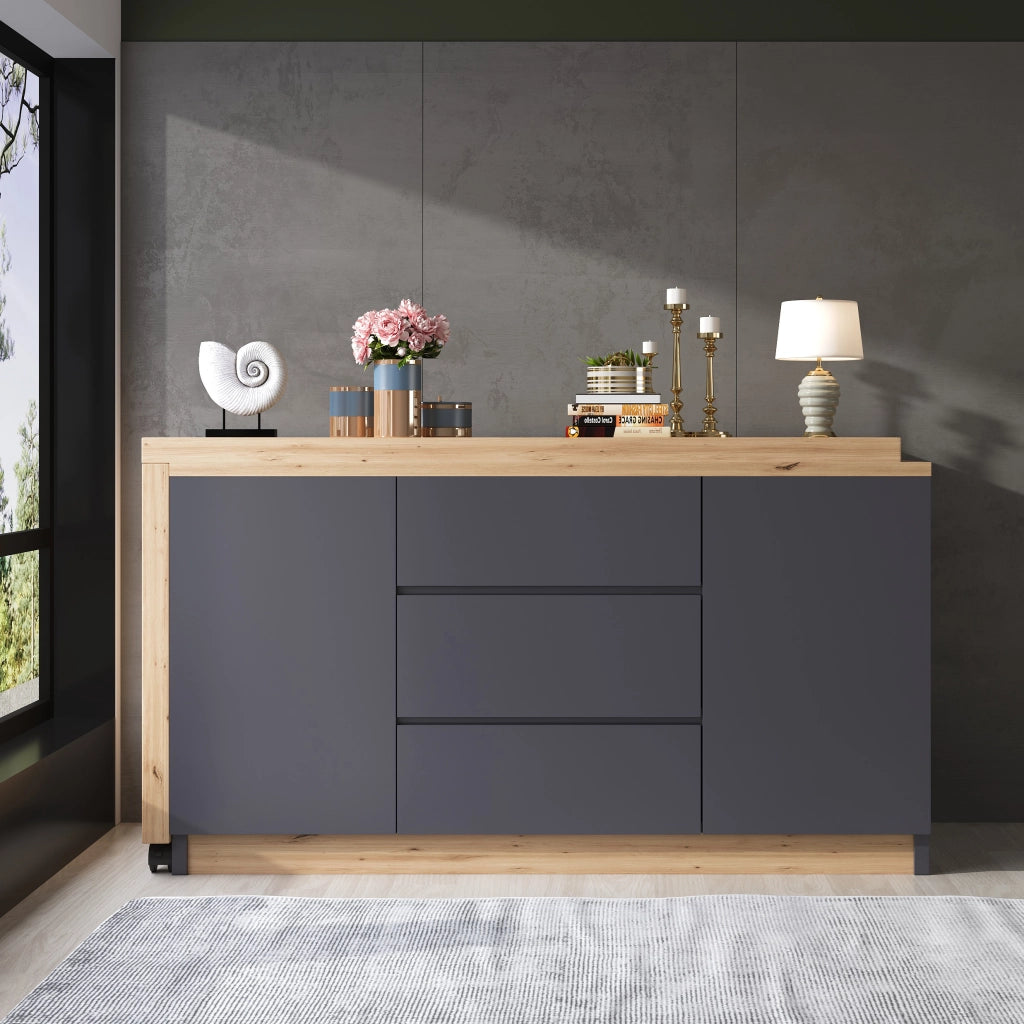 Scrivania con ruote bloccabili ¨C design multifunzionale, piano girevole spesso 4 cm, bloccabile, grigio/quercia, scrivania pieghevole, scrivania ad angolo, sideboard