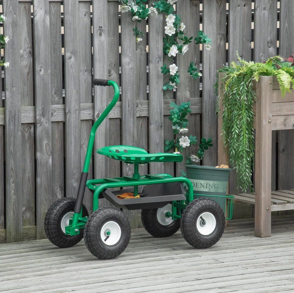 Carrello da giardino con sedile girevole 98x45x87 cm in metallo verde -