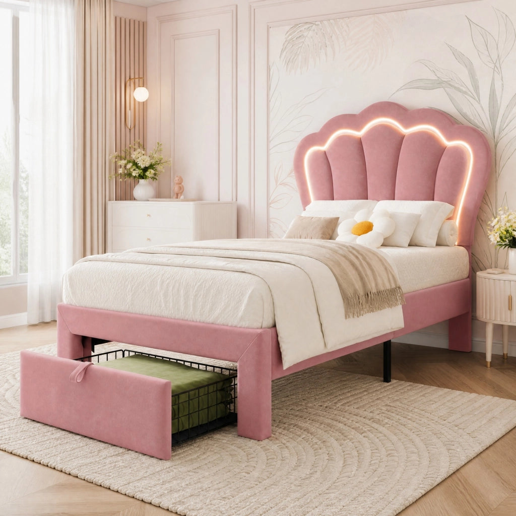 Letto singolo 90x190 cm rosa con LED RGB e cassetto estraibile