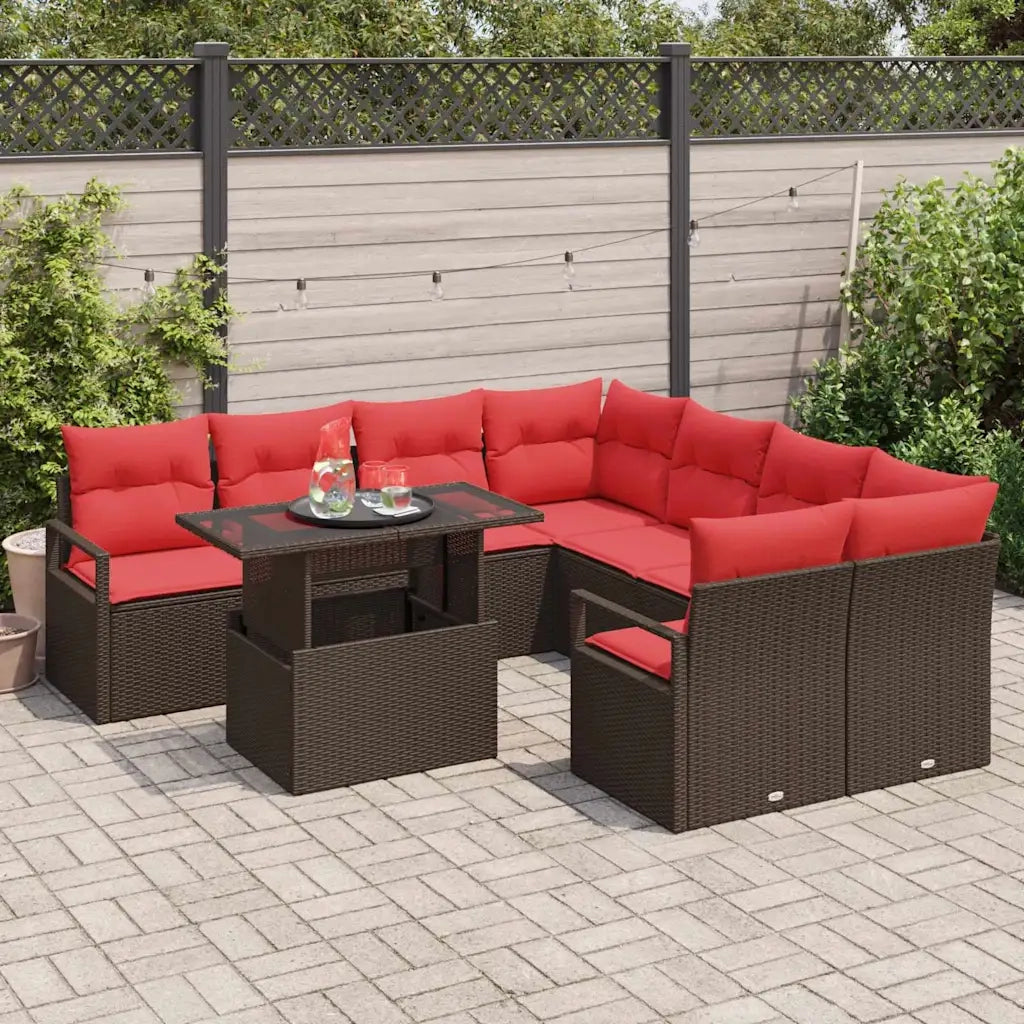 Set Divano da Giardino 9 pcs Marrone e Rosso polyrattan 3348800