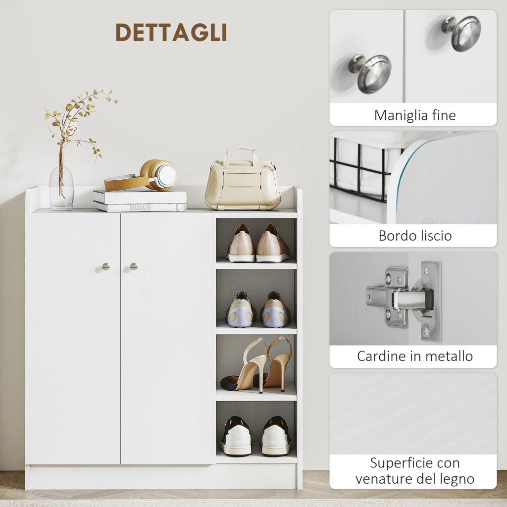 Scarpiera Ingresso con 4 Ripiani Aperti,Scarpiera Armadio Multiuso con Armadietto a 2 Ante e Ripiani Regolabili,Porta Scarpe Salvaspazio per 12 Paia,83x30x90cm,Bianco
