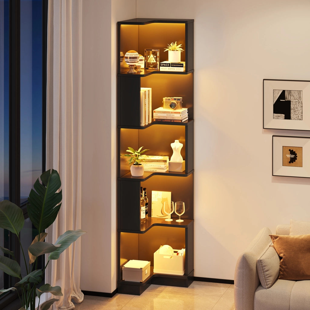 Libreria angolare a 5 livelli con LED a colori regolabili tramite app in MDF nero 63;5 × 45 × 175 cm