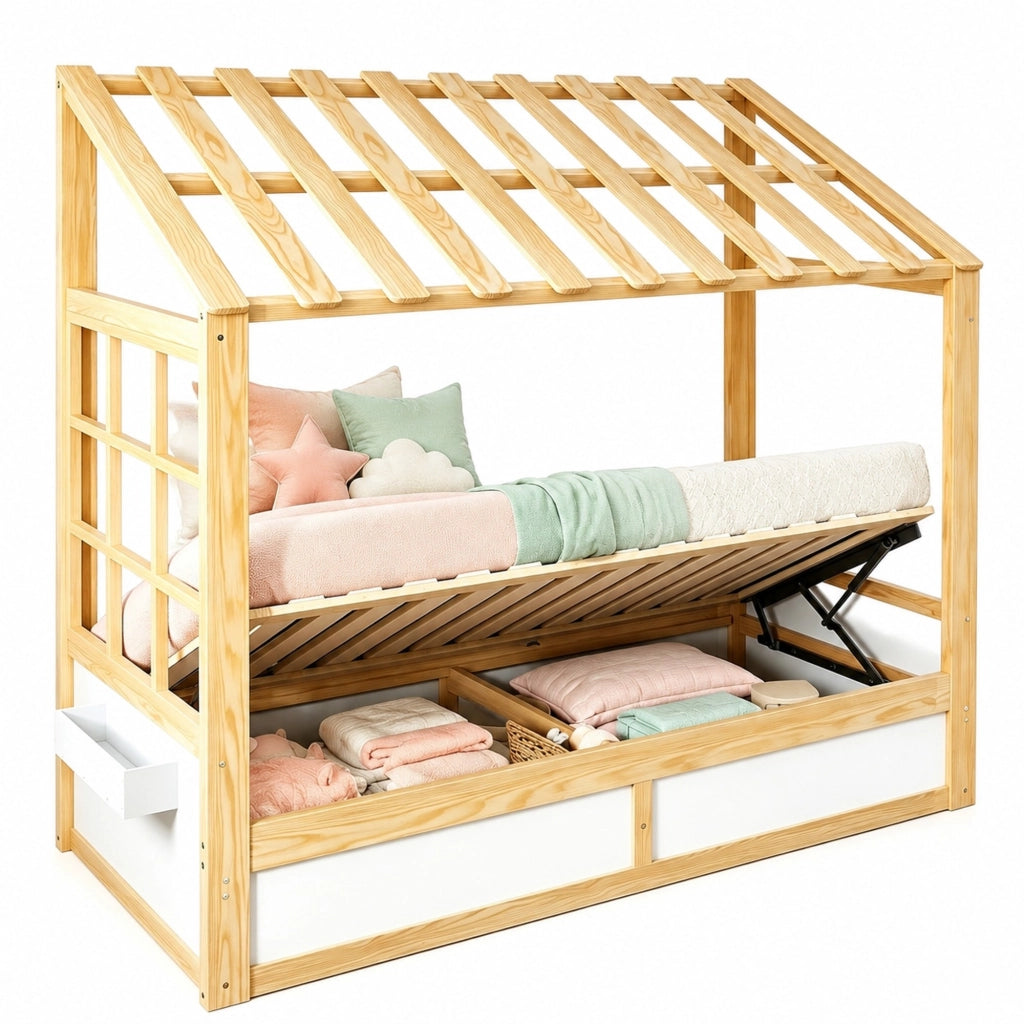 Letto per bambini 90x200 cm con tetto e vano contenitore