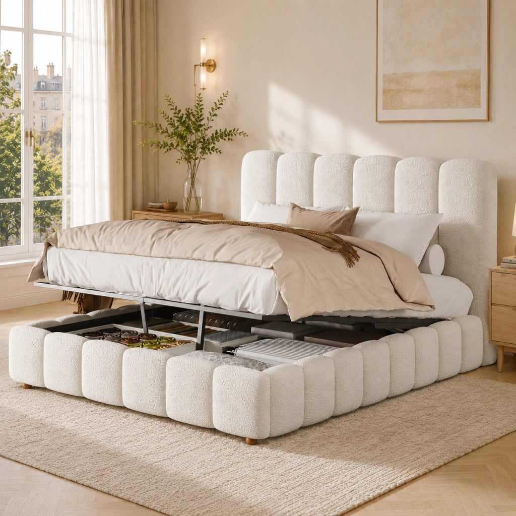Letto contenitore 140 x 200 cm in tessuto boucl¨¦ bianco, matrimoniale imbottito idraulico con rete a doghe e ampio contenitore, testiera trapuntata
