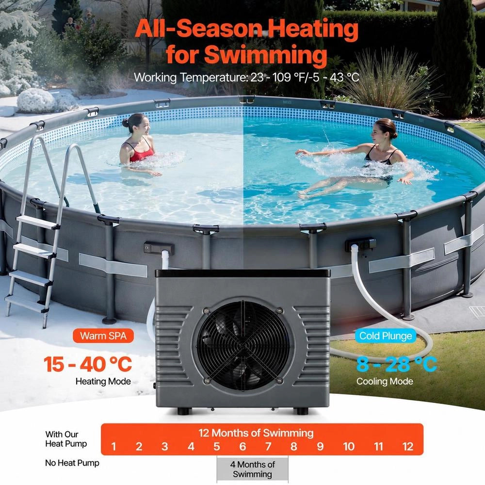 Pool Heat Pump 4920 W, Electric Pool Heater For Above-ground Pools Up To 18 M³, Max. COP 5.29, Low Noise, Residual Current Circuit Breaker, Heating Temperature 15–40 °C, Heating & Cooling Mode, Heat Exchanger