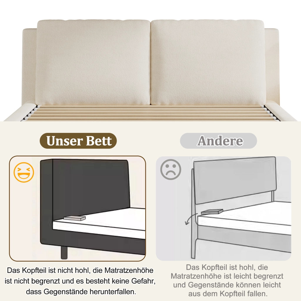 Letto matrimoniale contenitore 160 × 200 cm 2 posti con apertura idraulica e testiera imbottita, senza materasso, beige