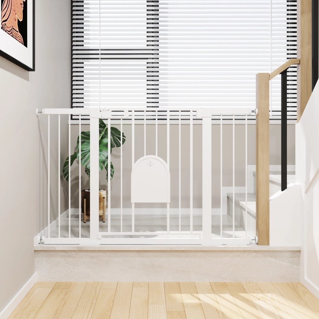 Cancelletto di Sicurezza per Porte e Scale 75-131 cm, Altezza 76 cm, Fissaggio a Pressione in Metallo e ABS Bianco