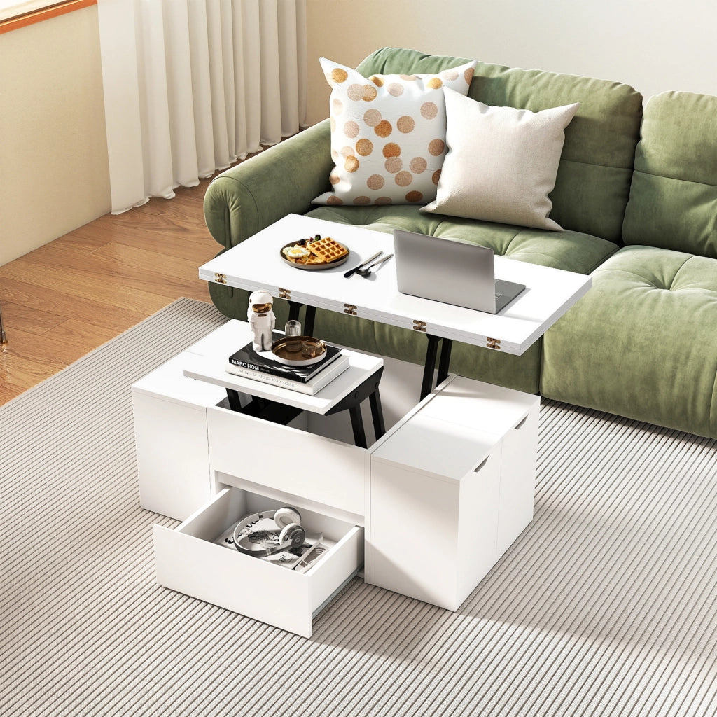 Tavolino caff¨¨ piano sollevabile 4 sgabelli contenitori 3-in-1 soggiorno, Tavolino scomparto nascosto cassetto rettangolare 4-8 persone Bianco