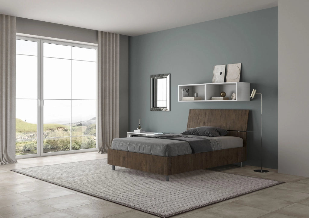 Letto 1 Piazza e Mezzo 120x190 cm con Rete e Contenitore Demas Testata Inclinata Noce