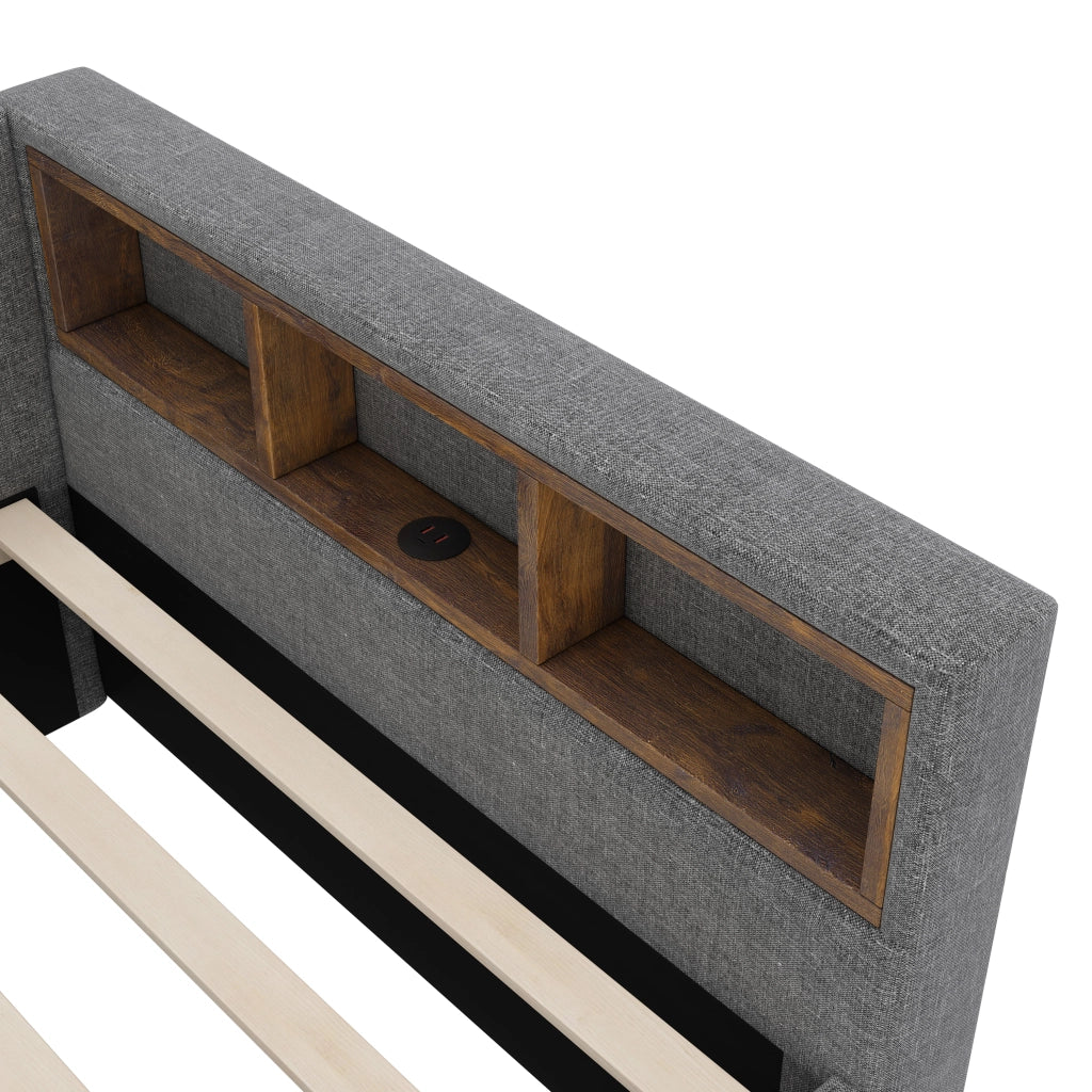 Struttura letto 140 × 200 cm in lino e MDF grigio con LED USB e type-c due cassetti vani e rete a doghe