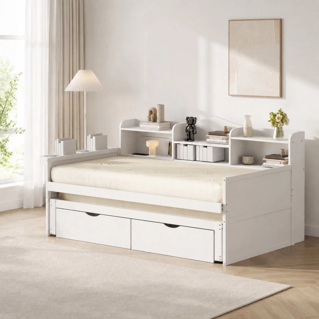 Divano letto singolo 90x200 cm bianco con letto estraibile, cassetti e USB