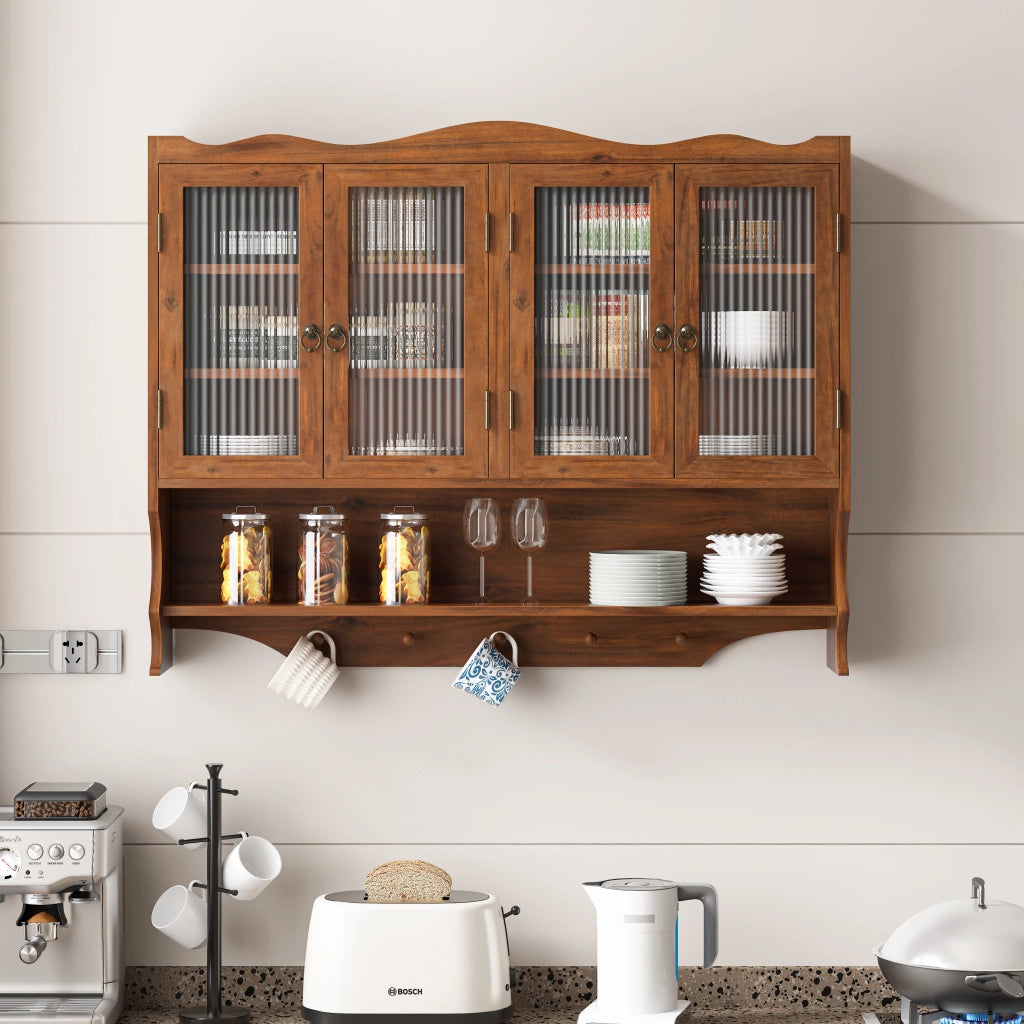 OKWISH Pensile con 4 Ante, Ripiani Rimovibili e Ganci, per Cucina e Bagno, in Legno Massello e Vetro, 100 x 20 x 80 cm, Marrone