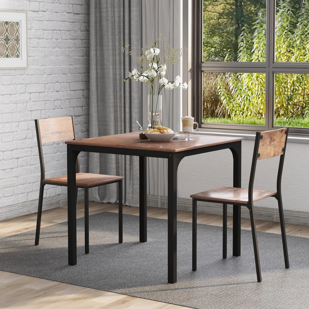 Set tavolo e 2 sedie da pranzo in MDF e metallo marrone salvaspazio con finitura a polvere per cucina e balcone