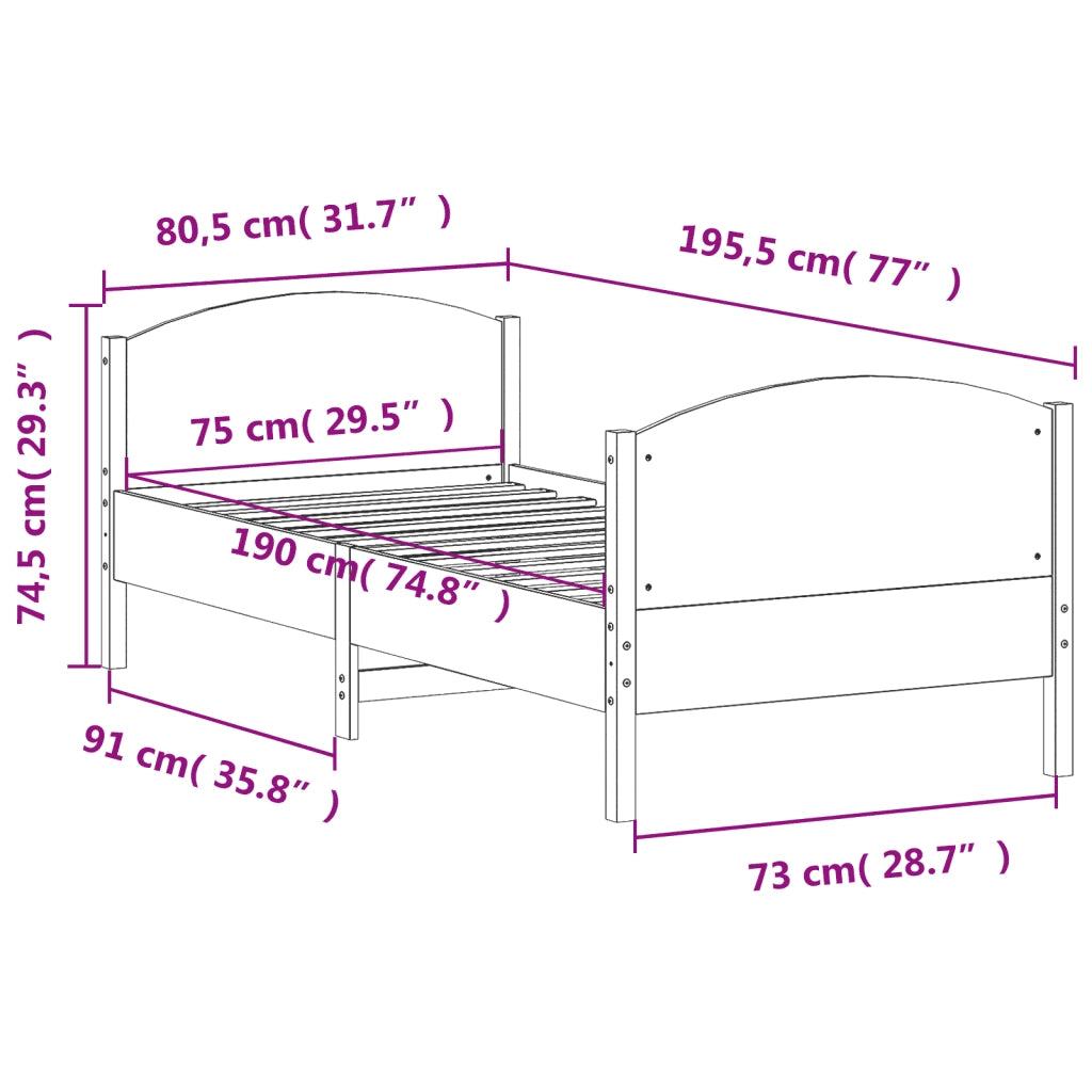 Letto senza Materasso-Struttura Letto Marrone Cera 75x190 cm in Legno di Pino 576289