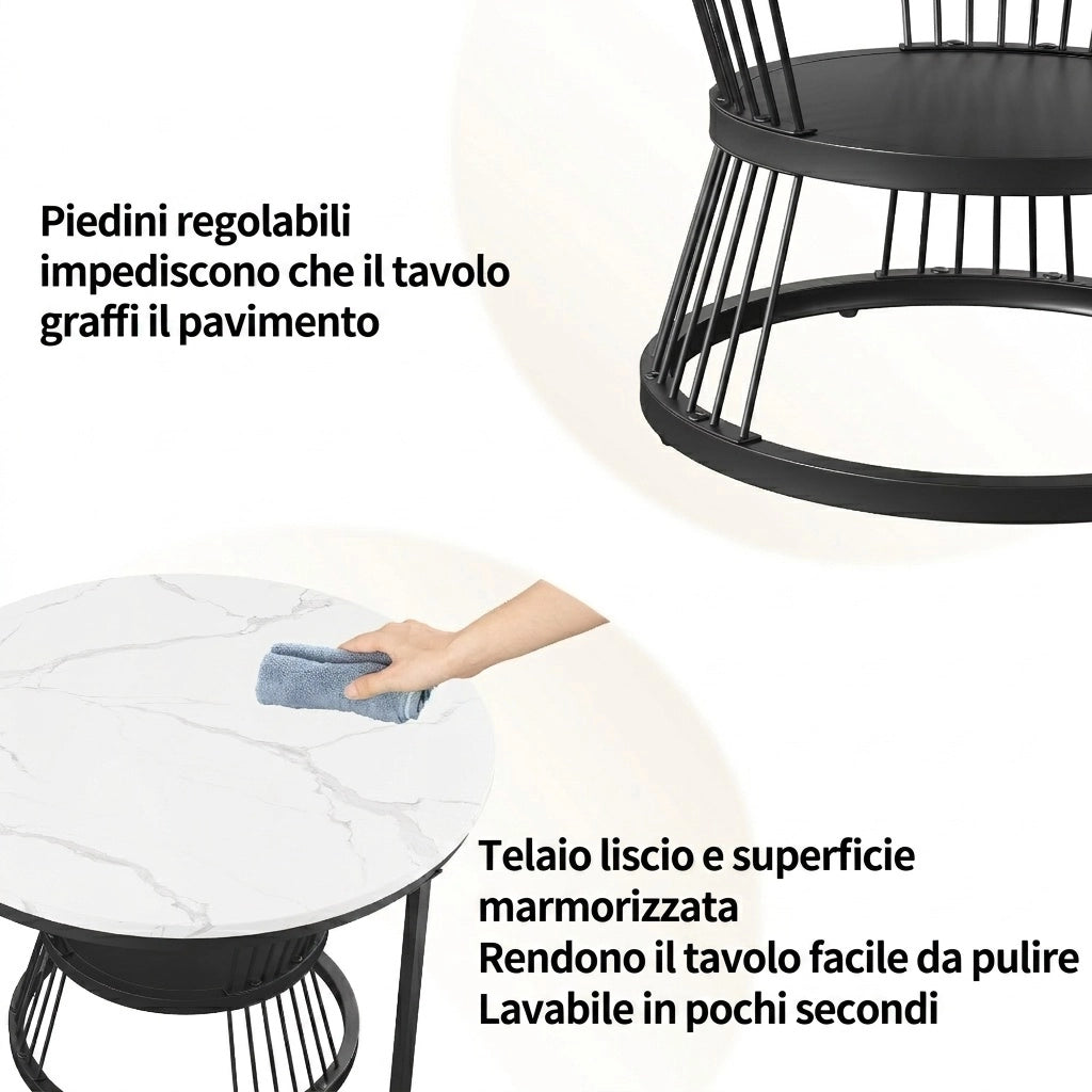Tavolino salotto rotondo 70x70x45 cm set 2 pezzi tavolino da divano impilabile effetto marmo struttura in metallo - nero e bianco