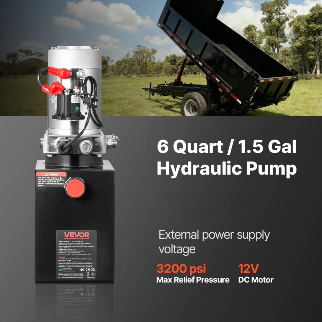 Pompa Idraulica 1600W DC 12V a Singolo Effetto con Serbatoio in Metallo da 1,5 Gal Centralina per Rimorchio Ribaltabile e Officina Garage, Nero