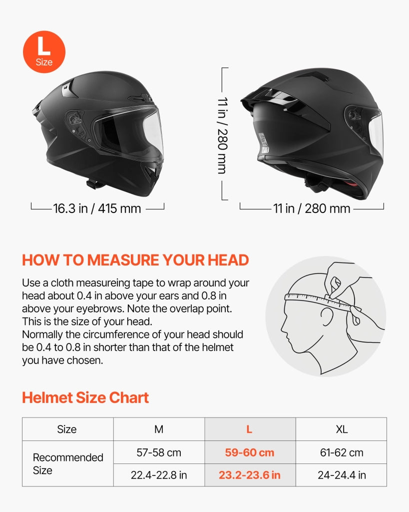 MD-821 Casco Integrale da Moto Omologato ECE 22.06 DOT in ABS Nero Taglia L con Visiera Trasparente Robusto e Pratico
