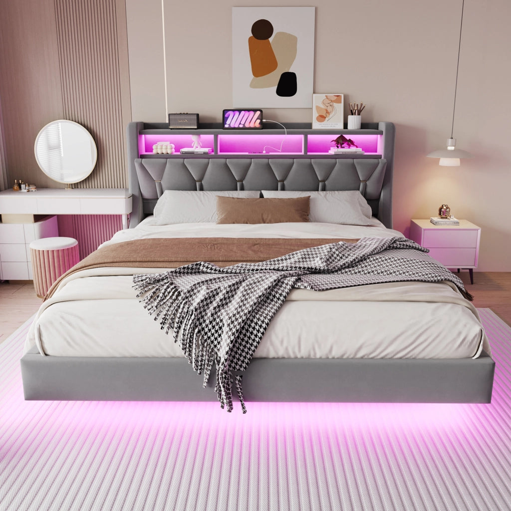 Letto imbottito 180x200 cm con testiera pieghevole, LED, USB e USB-C in velluto grigio