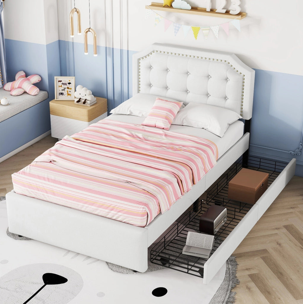 Letto imbottito 90x200 cm in MDF beige chiaro con 2 cassetti e testiera regolabile