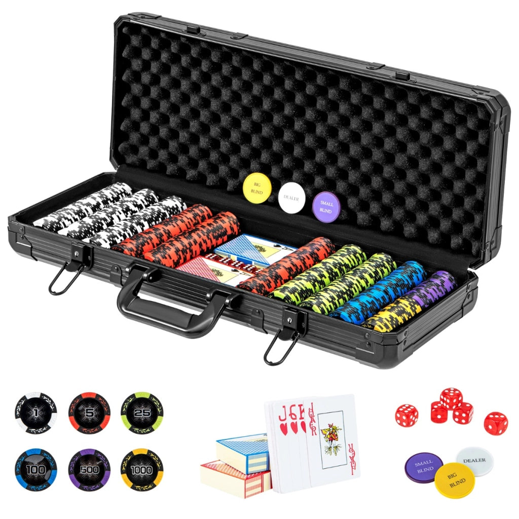 Set fiches da poker texas hold'em da 14 grammi, 500 Fiches con custodia in alluminio 2 mazzi di carte Nero-Fiche e set da poker