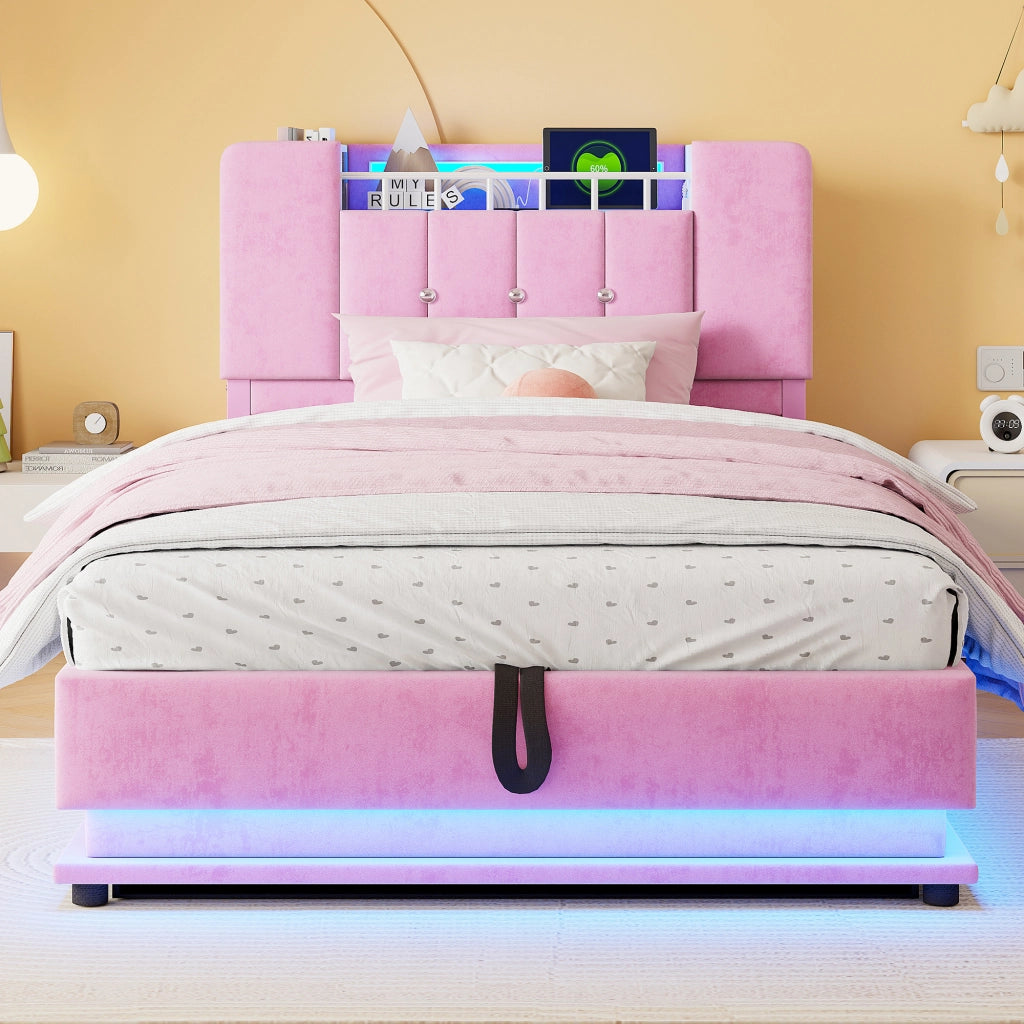 Letto imbottito per bambini 90×200 cm con LED; USB e contenitore idraulico; senza materasso; rosa