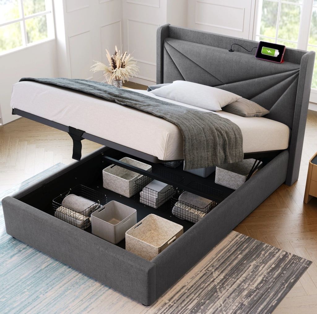 Letto singolo 90x200 cm grigio con contenitore, USB-C e materasso