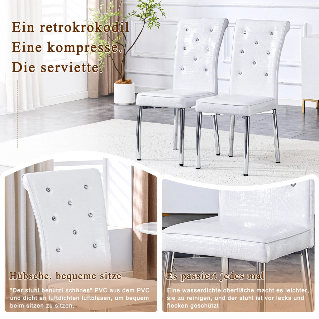 Sedie da pranzo in set con rivestimento in PVC bianco effetto pelle di alligatore e gambe in metallo galvanizzato