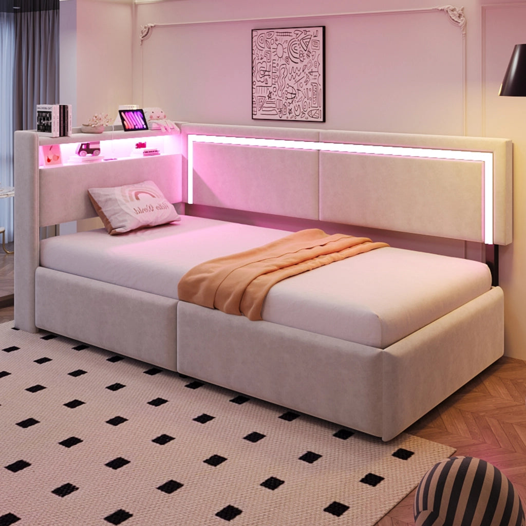 Letto singolo trasformabile 90 × 200 cm con contenitore LED USB in velluto beige