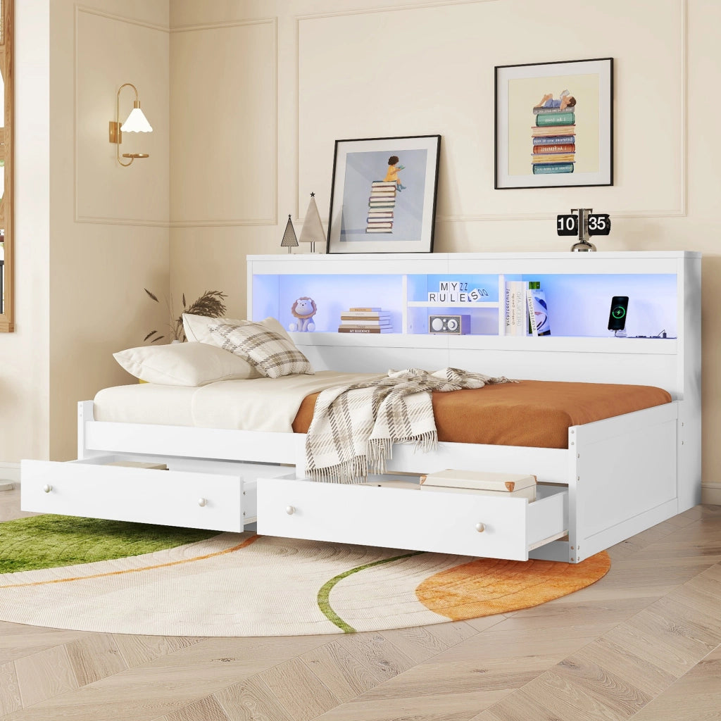 Daybed con 2 USB, LED, 2 cassetti e doghe, 90x200 cm, bianco