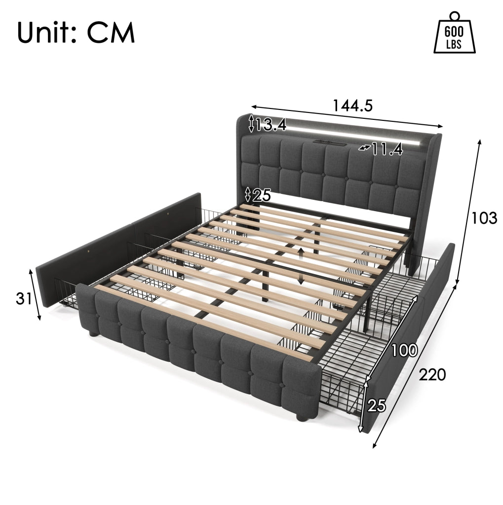 Letto contenitore 140x200 cm con LED; USB; 4 cassetti e testiera; grigio
