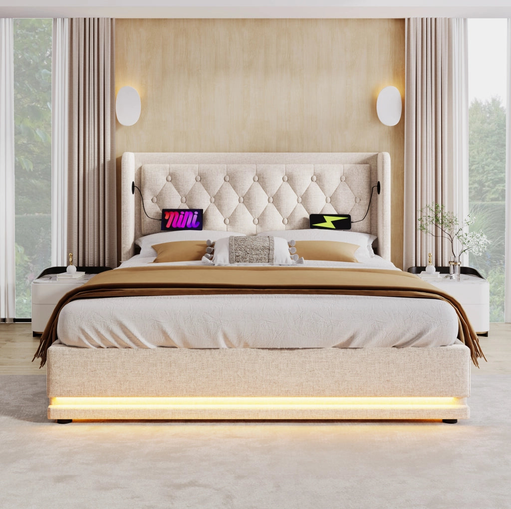 Letto matrimoniale con contenitore 160x200 cm in cotone beige; testiera con USB e Type-C; LED