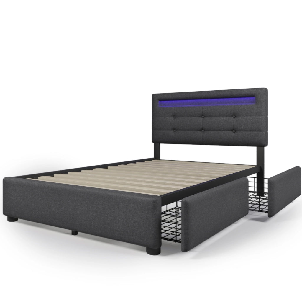 Letto imbottito 90x200 cm con LED, 2 cassetti e materasso a molle grigio
