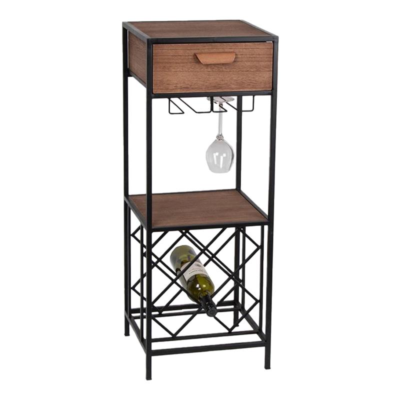 MOBILE PORTABOTTIGLIE DI VINO IN LEGNO E METALLO CON PORTABICCHIERI H 86.5X34X32.5 CM STILE MODERNO + CASSETTO