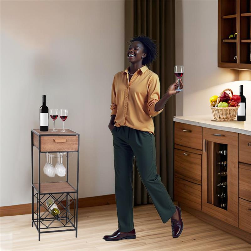 MOBILE PORTABOTTIGLIE DI VINO IN LEGNO E METALLO CON PORTABICCHIERI H 86.5X34X32.5 CM STILE MODERNO + CASSETTO