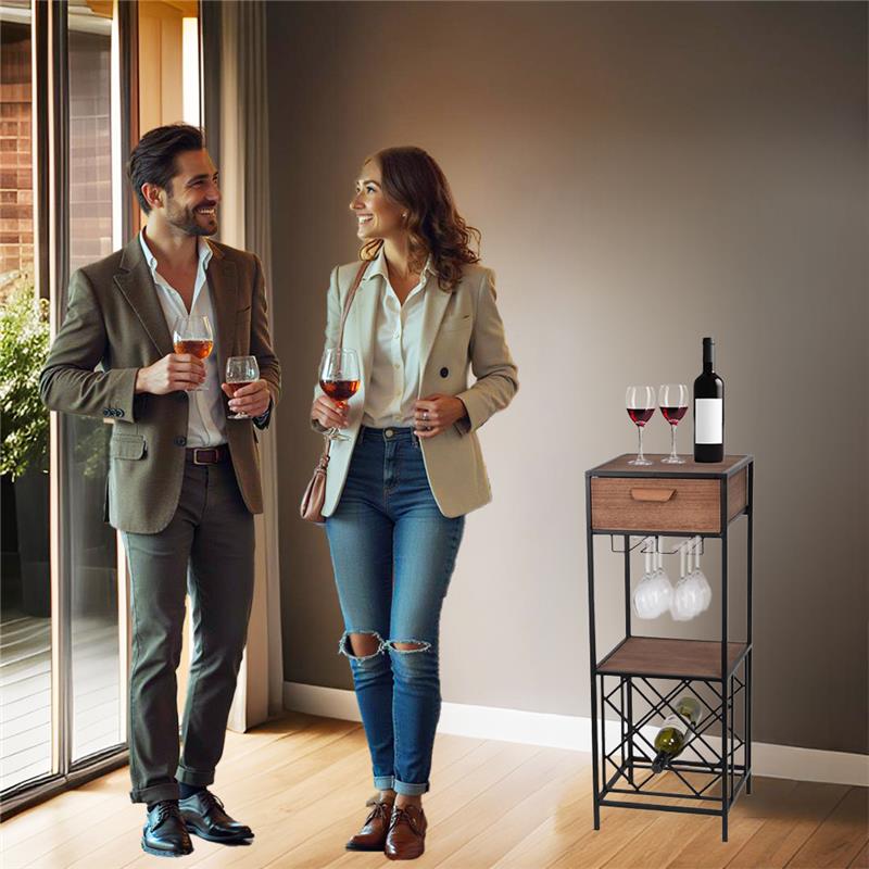 MOBILE PORTABOTTIGLIE DI VINO IN LEGNO E METALLO CON PORTABICCHIERI H 86.5X34X32.5 CM STILE MODERNO + CASSETTO