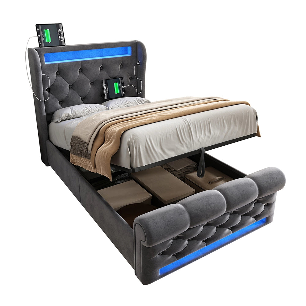 Letto singolo-Xylo-90x200 cm-LED, USB-C, idraulico, velluto grigio