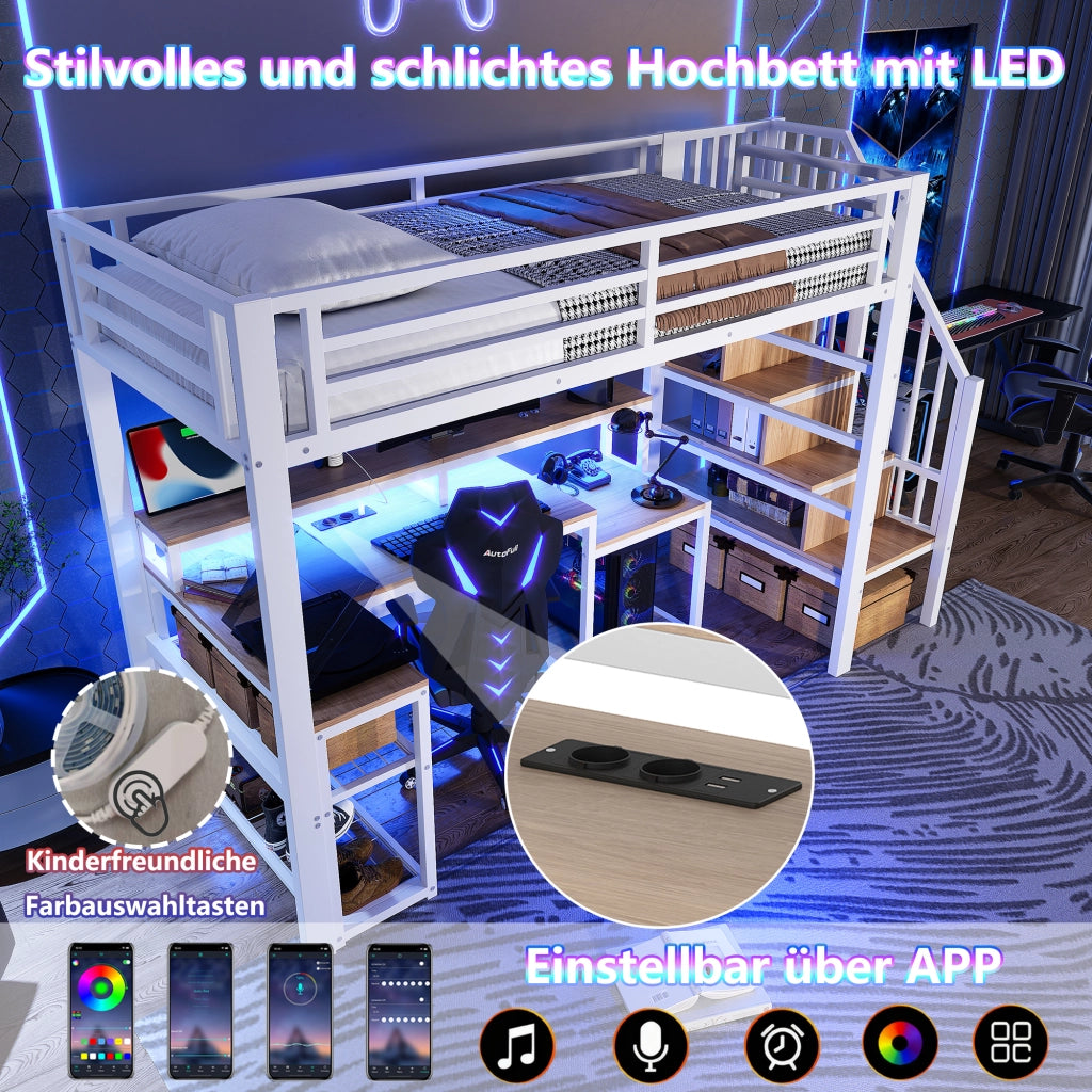 Letto a soppalco 90 ¡Á 200 cm con ripiani; scala con contenitore; barriera; LED multicolore; metallo e MDF bianco