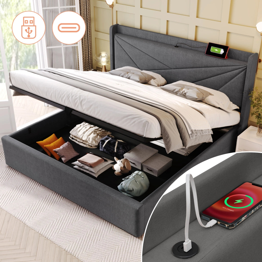 Letto matrimoniale 140x200 con contenitore grigio e prese USB
