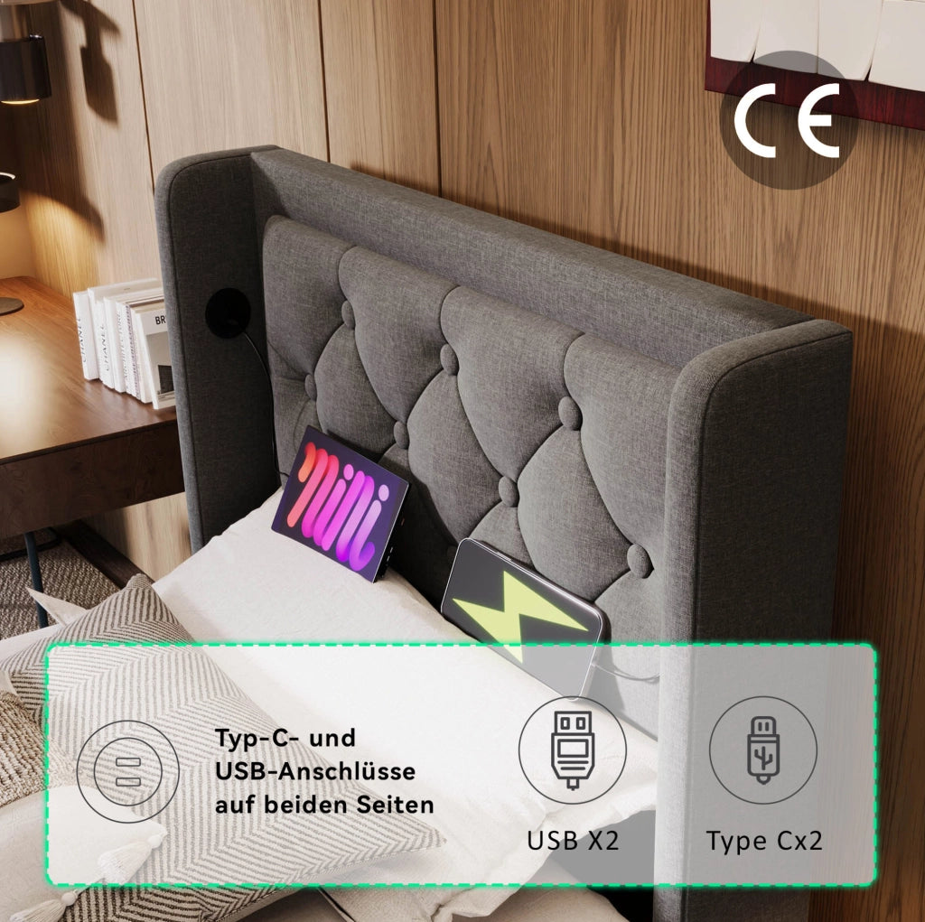 Letto singolo contenitore 90x200 cm grigio con LED e USB-C