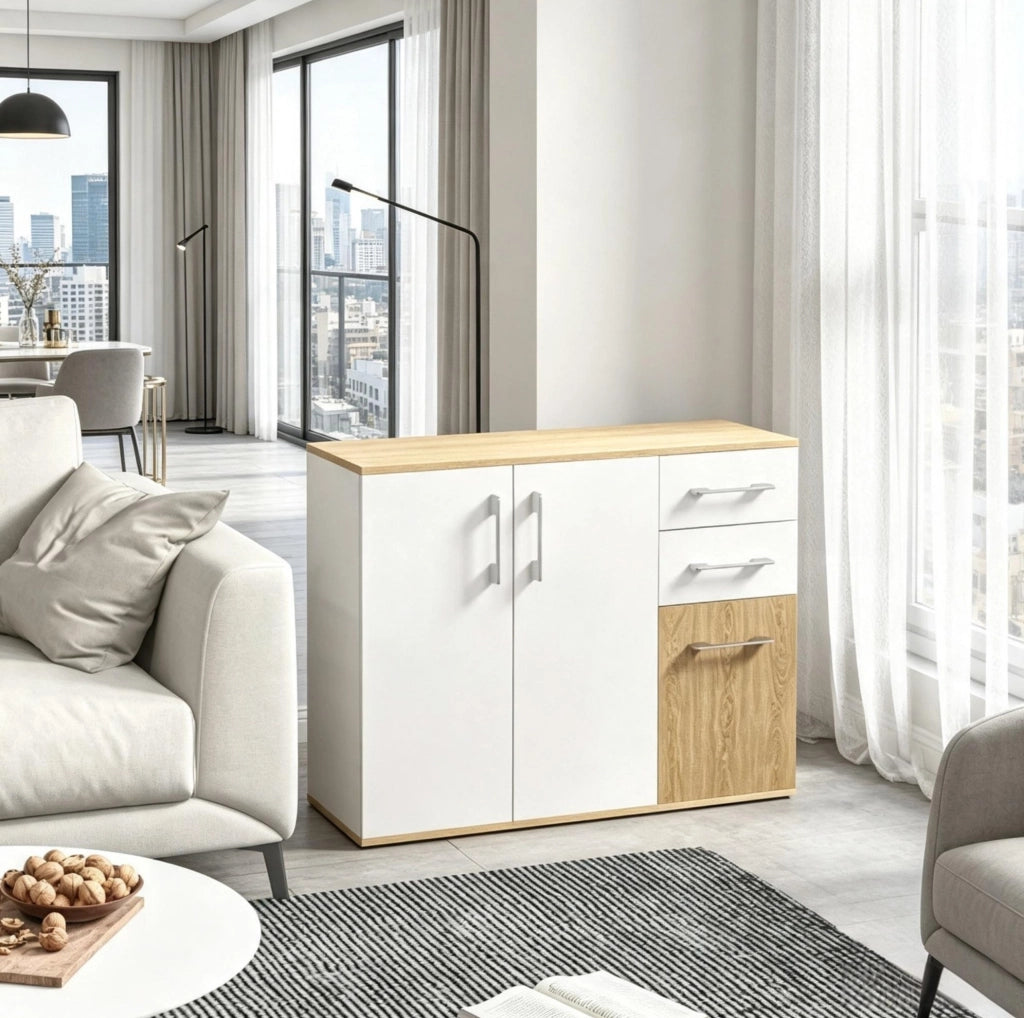 Credenza moderna bianca e naturale con 2 cassetti e vani contenitore