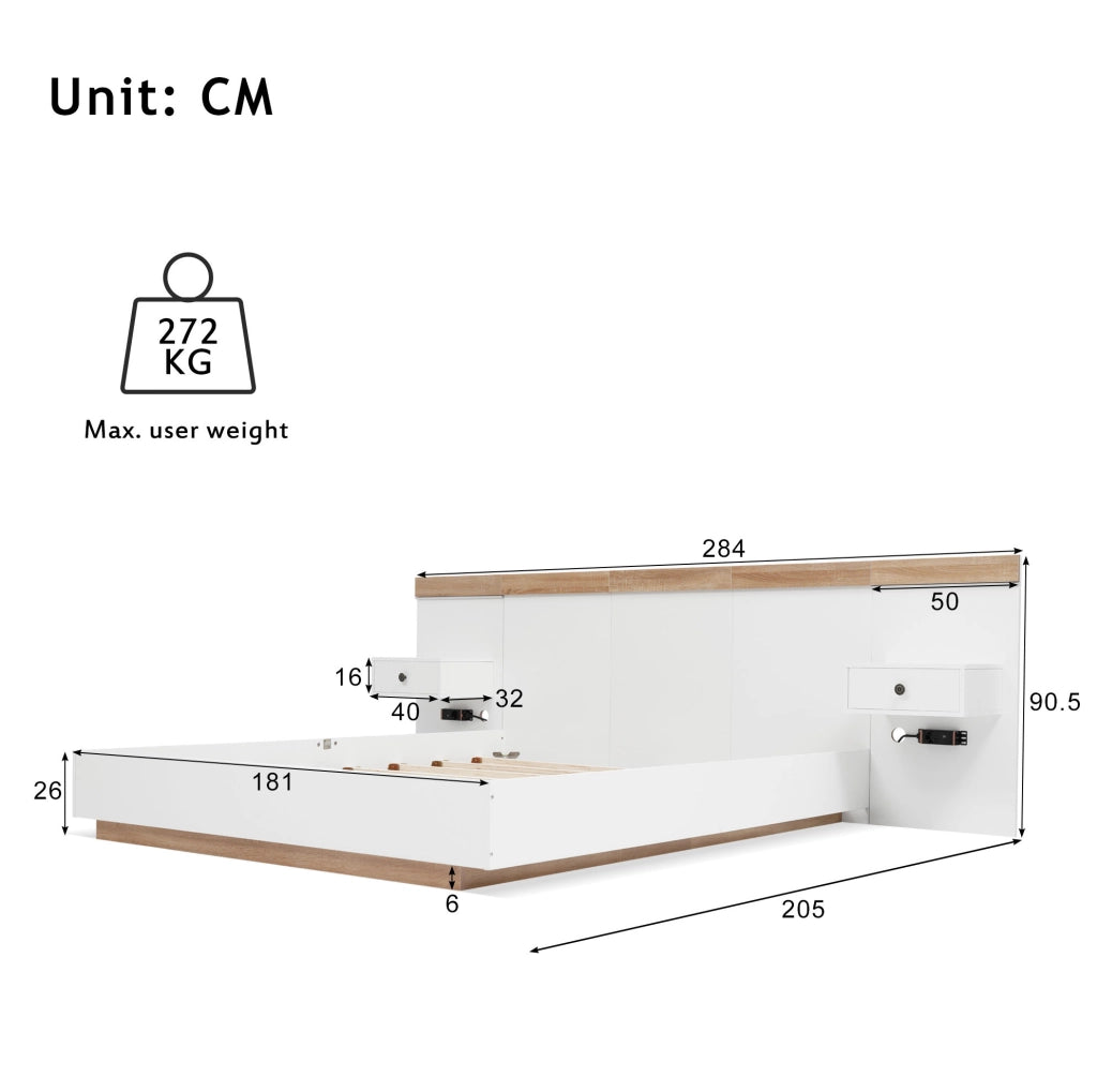 Letto 180x200 cm con 2 comodini LED, USB e USB-C in rovere Sonoma e bianco