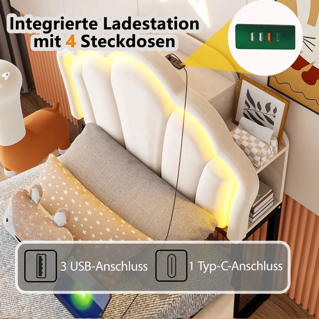 Letto imbottito 90x200 cm in velluto beige con contenitore idraulico, LED e prese integrate