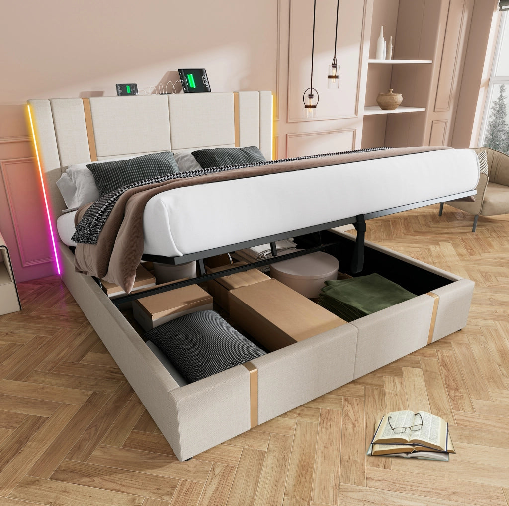 Letto imbottito matrimoniale 160x200 con LED RGB, USB e porta Type-C, contenitore sollevabile
