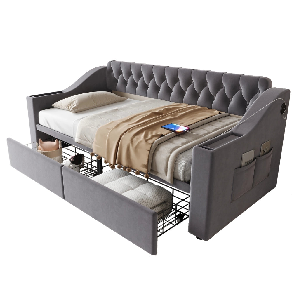 Divano letto singolo 90x190 cm in velluto grigio con cassetti e porte USB