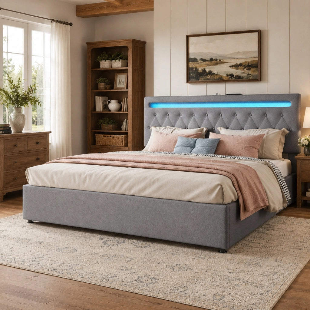 Letto imbottito 180x200 cm con contenitore, LED e porte USB