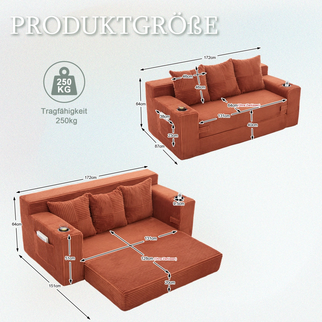 Divano modulare 172x87x64 cm trasformabile in cuscini separati in velluto a coste arancione
