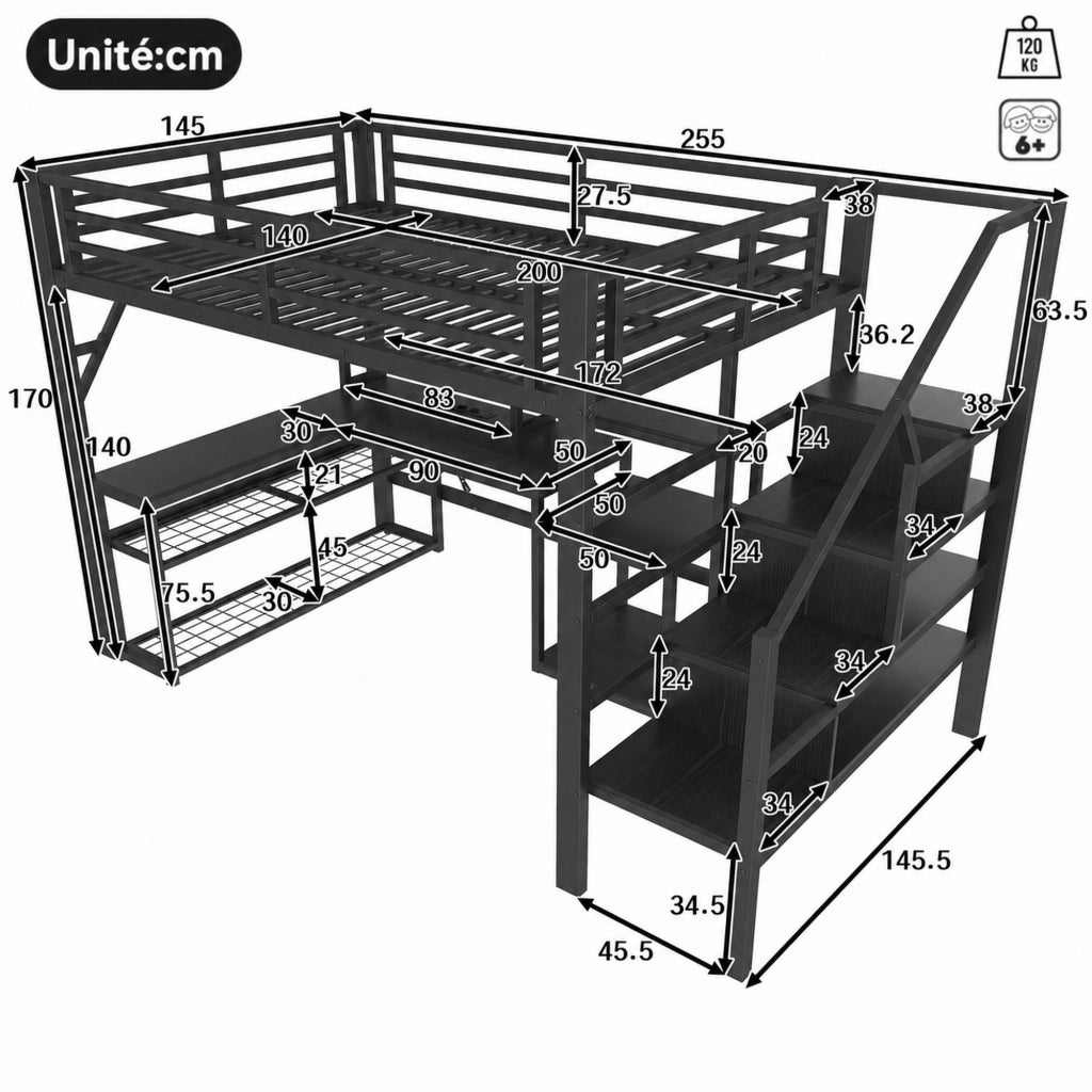 Letto a soppalco 140 × 200 cm con scrivania LED USB vani contenitore e ripiani in metallo e MDF nero